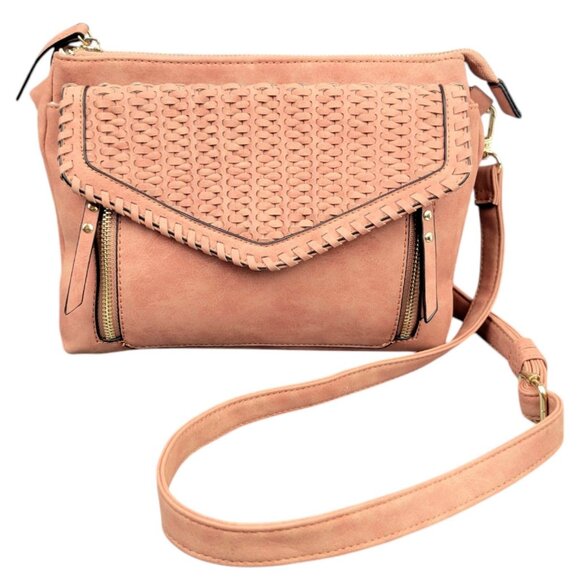 Versatile Blush Brown Braided Crossbody Purse Multi-Pocket Design Striped Lining - Picture 5 of 12